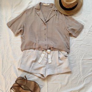 OAK + FORT textured cropped blouse in taupe